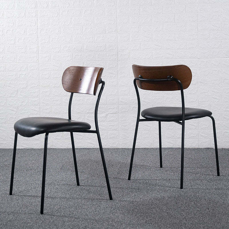 Industrial Curved Leather Iron Dining Chair — Brown + Gray White Cushion