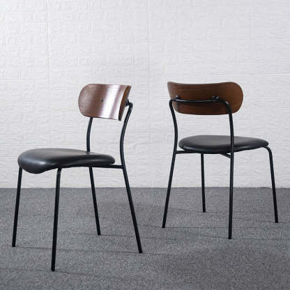 Industrial Curved Leather Iron Dining Chair — Brown + Gray White Cushion