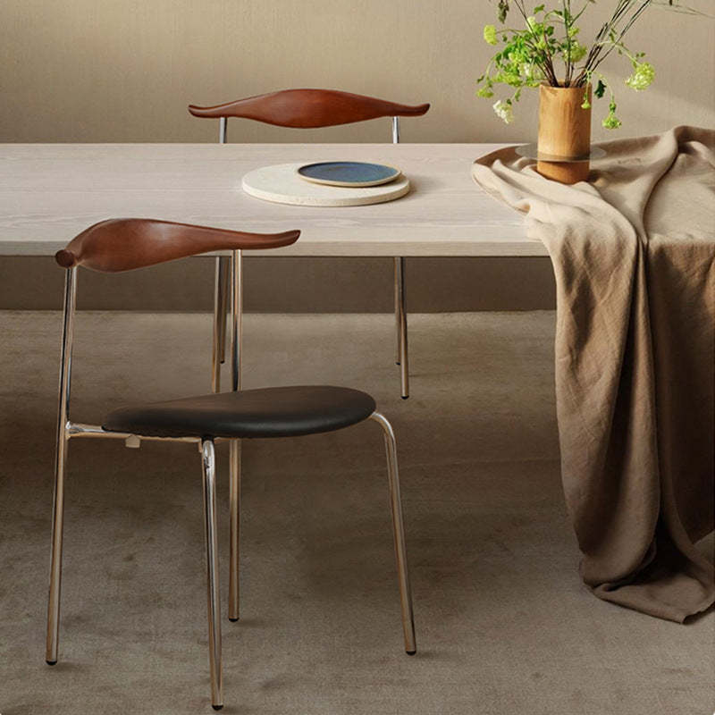 Chinese Cowl Oval Leather Metal Dining Chair — Original Wood / Brown