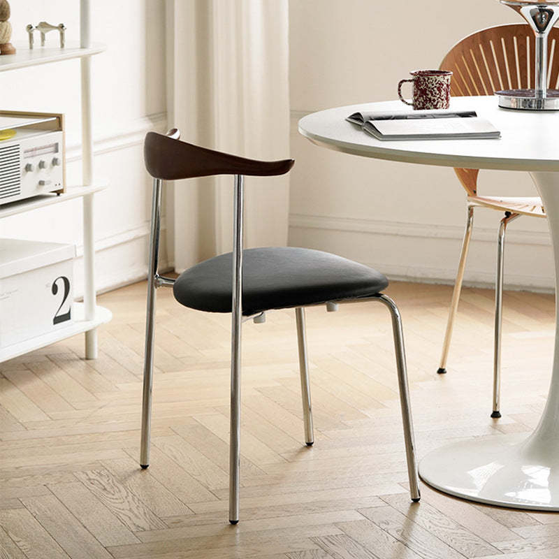Chinese Cowl Oval Leather Metal Dining Chair — Original Wood / Black