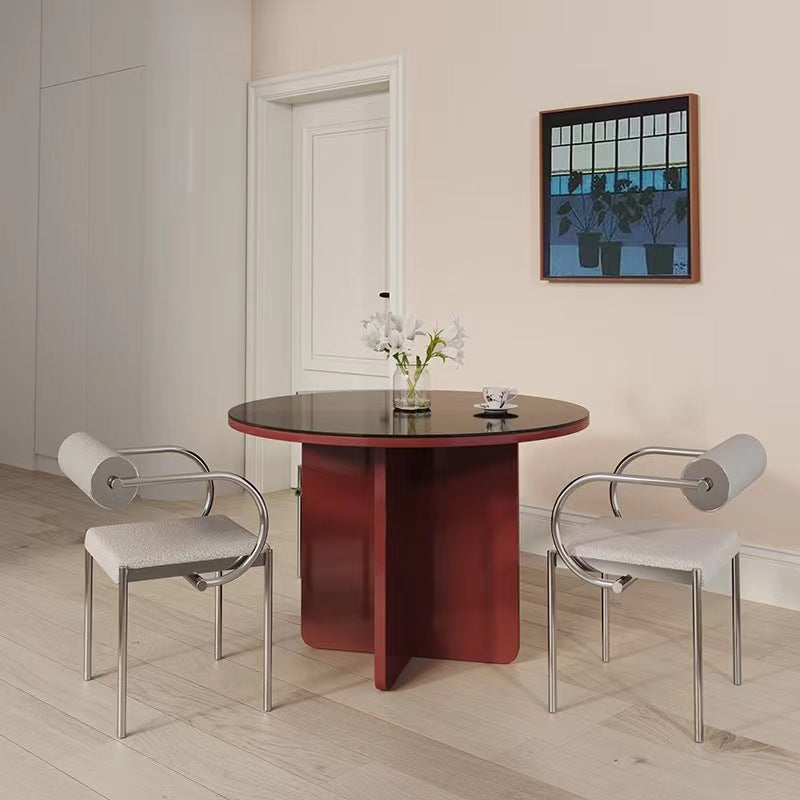 Chinese Cylinder Curved Leather Metal Dining Chair