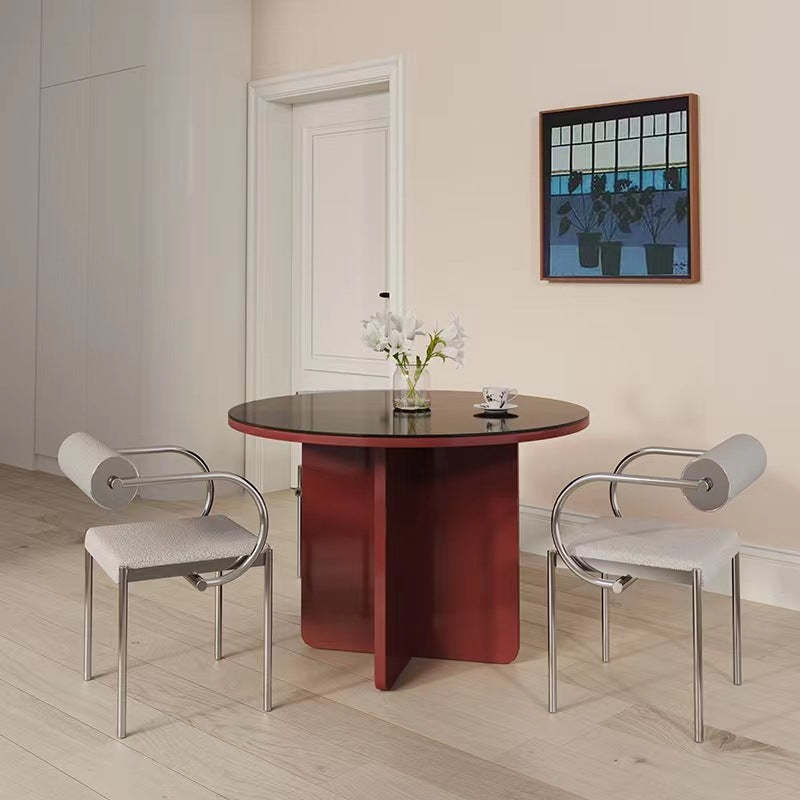 Chinese Cylinder Curved Leather Metal Dining Chair