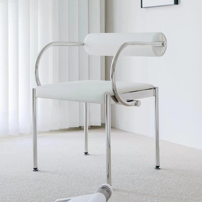 Chinese Cylinder Curved Leather Metal Dining Chair