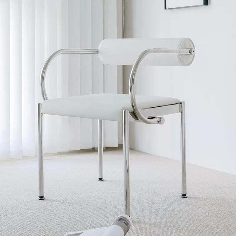 Chinese Cylinder Curved Leather Metal Dining Chair