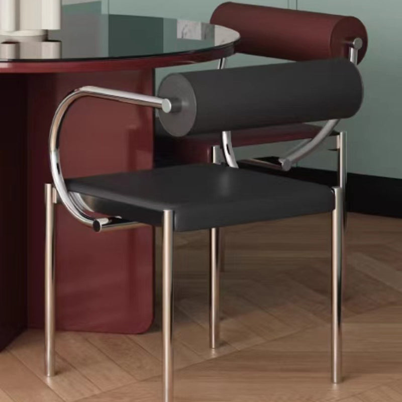Chinese Cylinder Curved Leather Metal Dining Chair