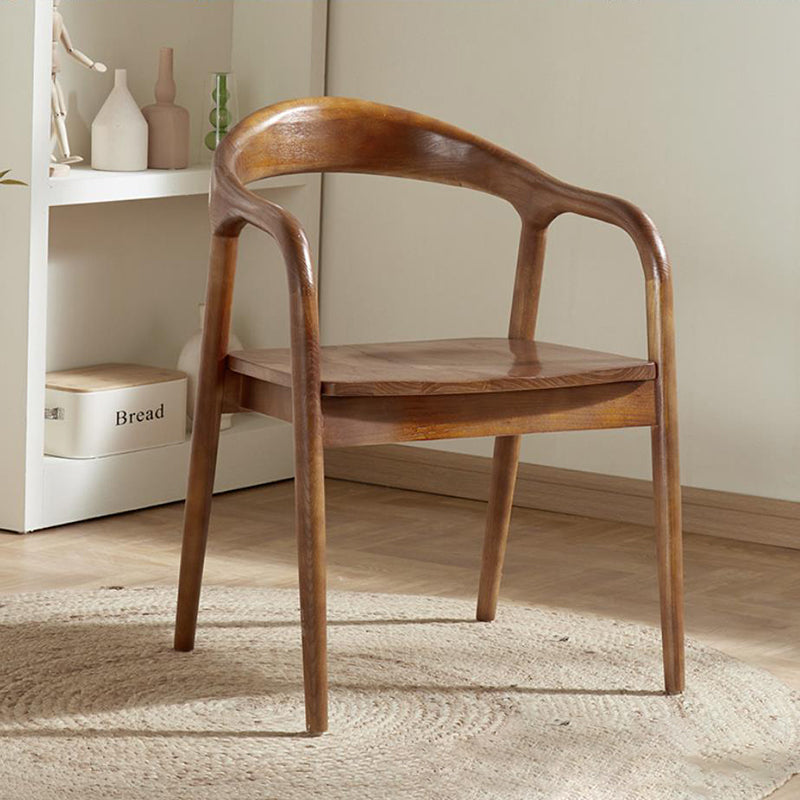 Chinese Curved Leather Solid Wood Dining Chair — Light Walnut Color With Cushion