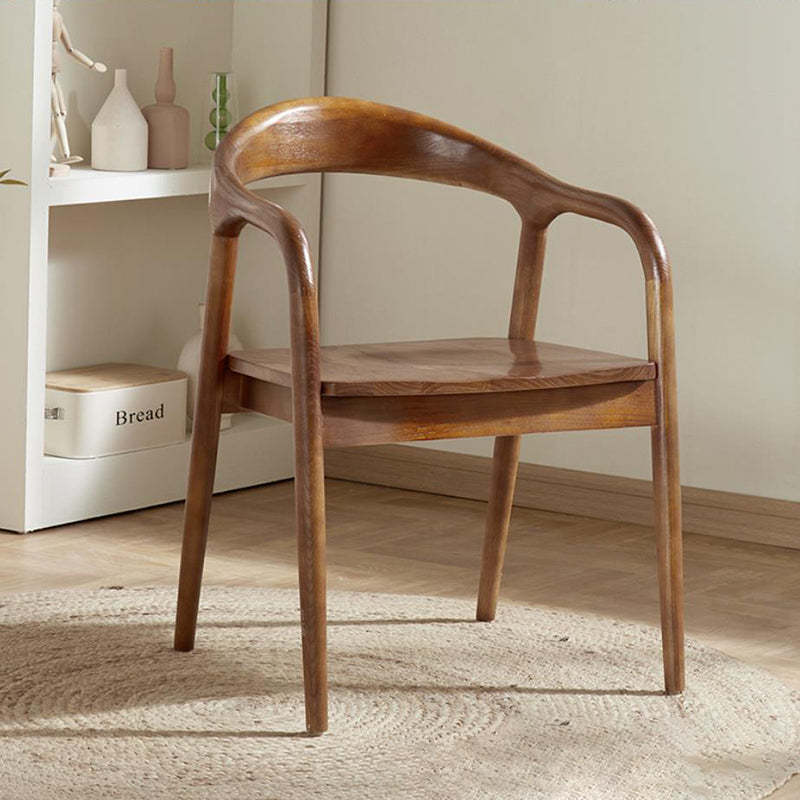 Chinese Curved Leather Solid Wood Dining Chair — Light Walnut Color With Cushion