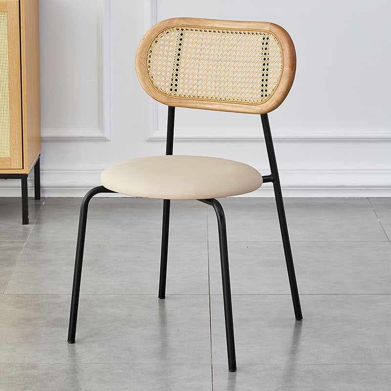 Minimalist Oval Leather Metal Dining Chair — Silver / Original Wood Color / Beige