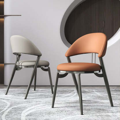 Scandinavian Curved Leather Iron Dining Chair — Brown