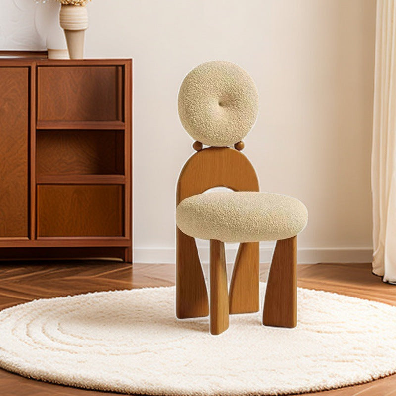 Vintage Curved Lambswool Wood Vanity Stool — Original Wood Color & Green