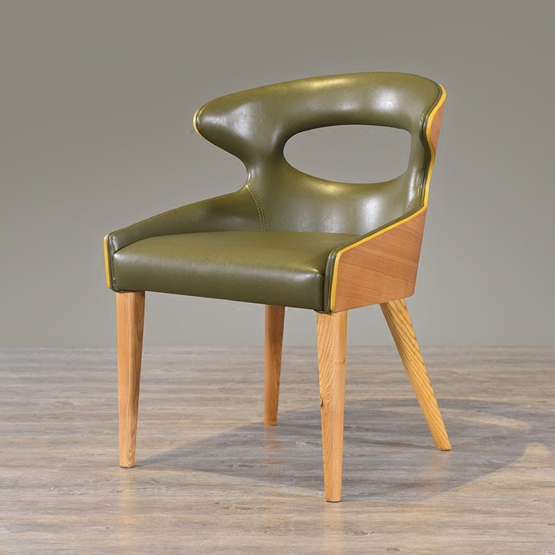 Scandinavian Hollow Oval Leather Wood Dining Chair — Walnut Color & Green