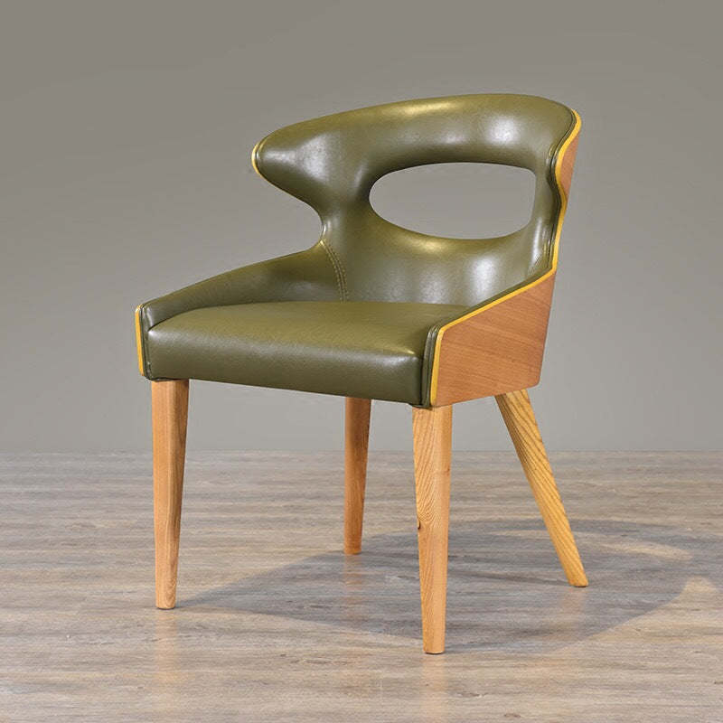Scandinavian Hollow Oval Leather Wood Dining Chair — Walnut Color & Green