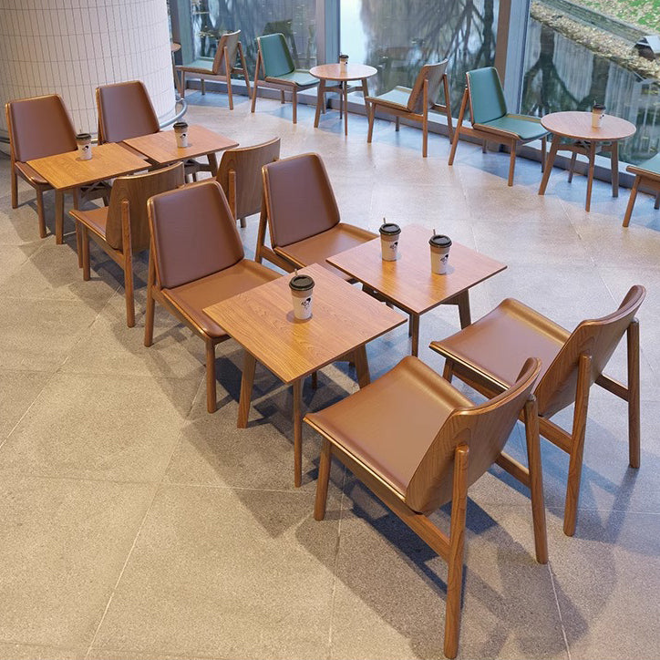 Chinese Trapezoidal Napa Leather Wood Dining Chair — Brown