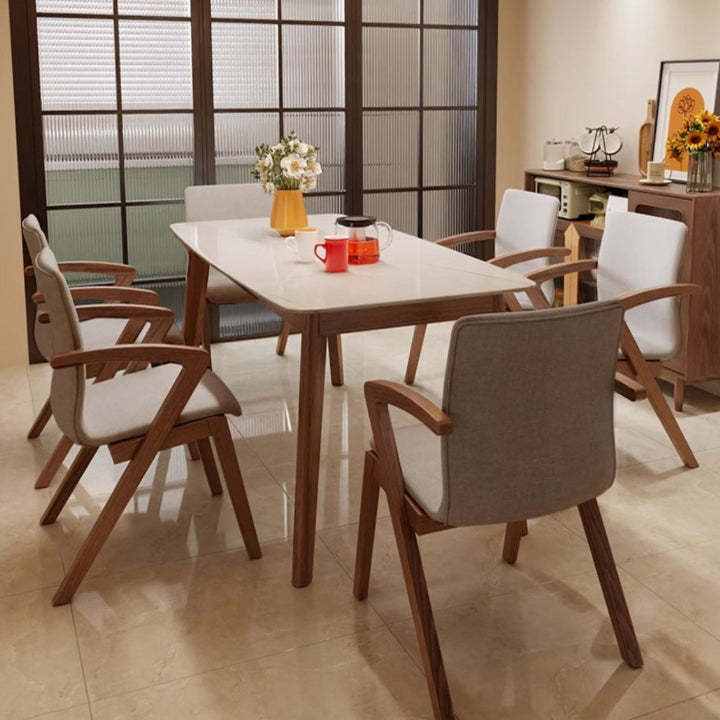 Scandinavian Curved Fabric Wood Dining Chair with Arm — Original Wood Color