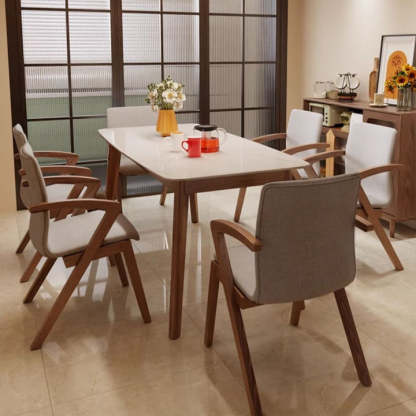 Scandinavian Curved Fabric Wood Dining Chair with Arm — Original Wood Color