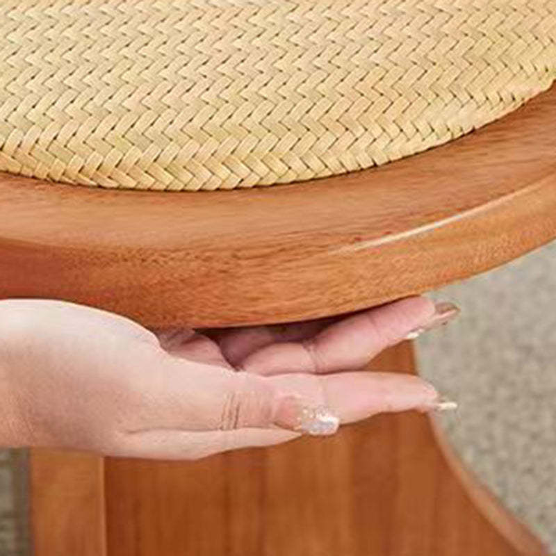 Scandinavian Oval Leather Shoe Bench Low Stool — Rattan Mat / Cherry Wood Color
