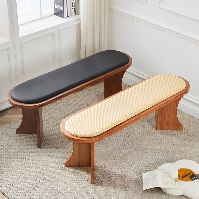 Scandinavian Oval Leather Shoe Bench Low Stool — Leather / Walnut Color