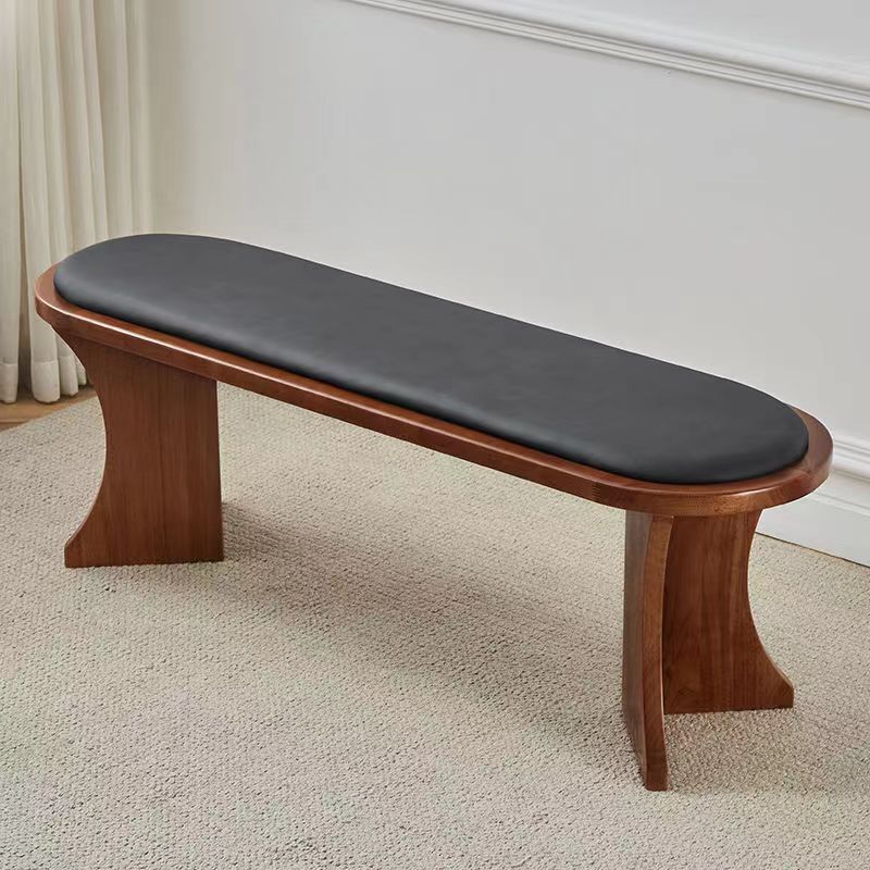 Scandinavian Oval Leather Shoe Bench Low Stool — Leather / Original Wood Color