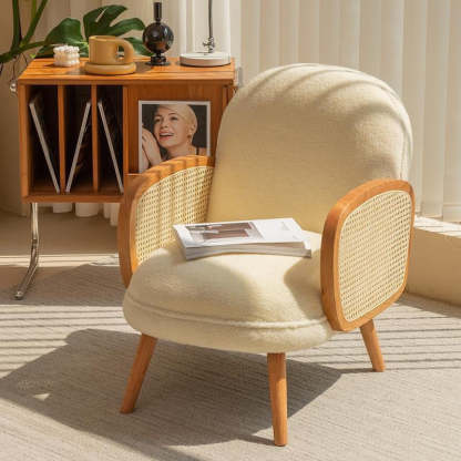 Japanese Curved Lambswool Rattan Accent Chair — Red