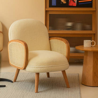 Japanese Curved Lambswool Rattan Accent Chair — Blue