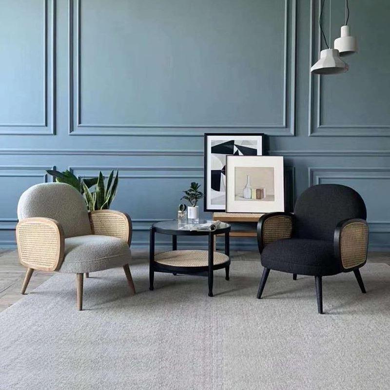 Japanese Curved Lambswool Rattan Accent Chair