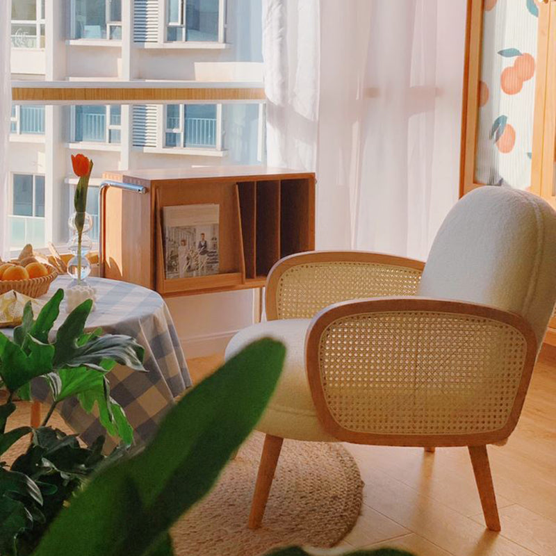 Japanese Curved Lambswool Rattan Accent Chair