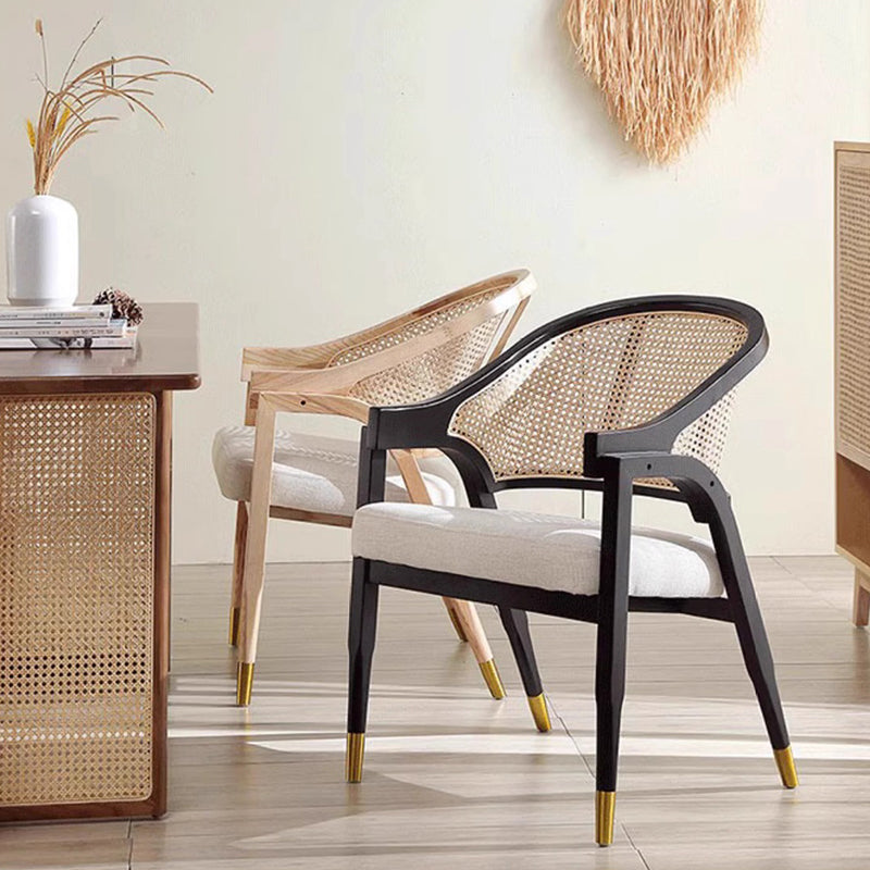 Scandinavian Curved Linen Rattan Wood Dining Chair — Original Wood Color