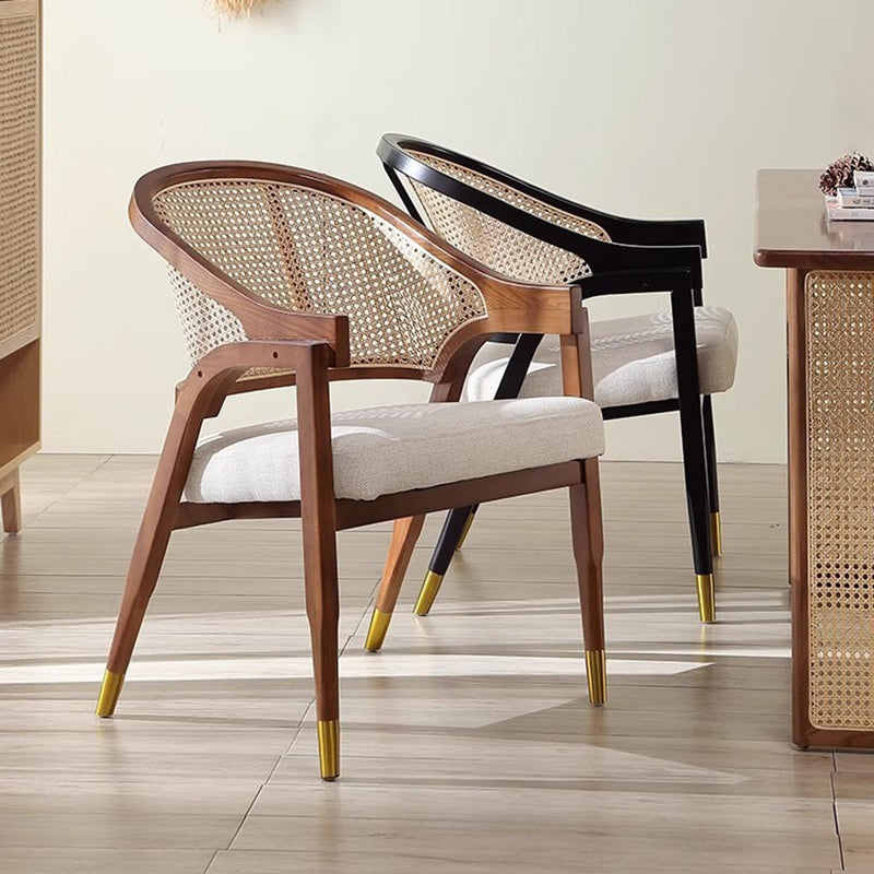 Scandinavian Curved Linen Rattan Wood Dining Chair — Walnut Color