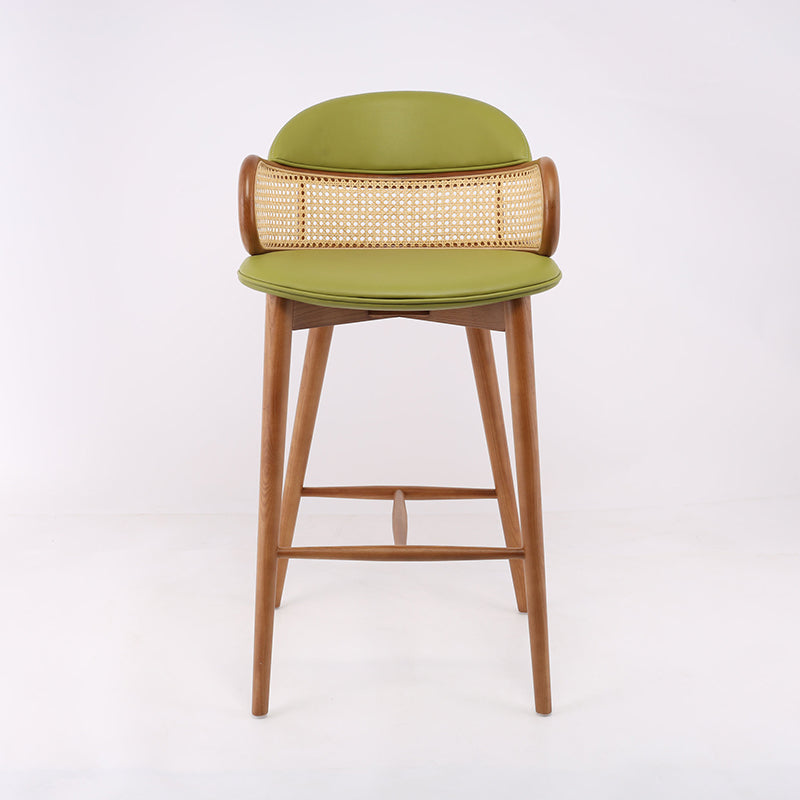 Scandinavian Curved Leather Ash Rattan Half-Round Bar Stool
