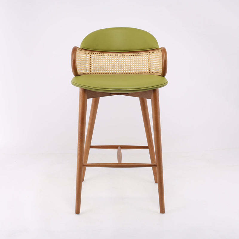 Scandinavian Curved Leather Ash Rattan Half-Round Bar Stool