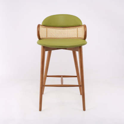 Scandinavian Curved Leather Ash Rattan Half-Round Bar Stool