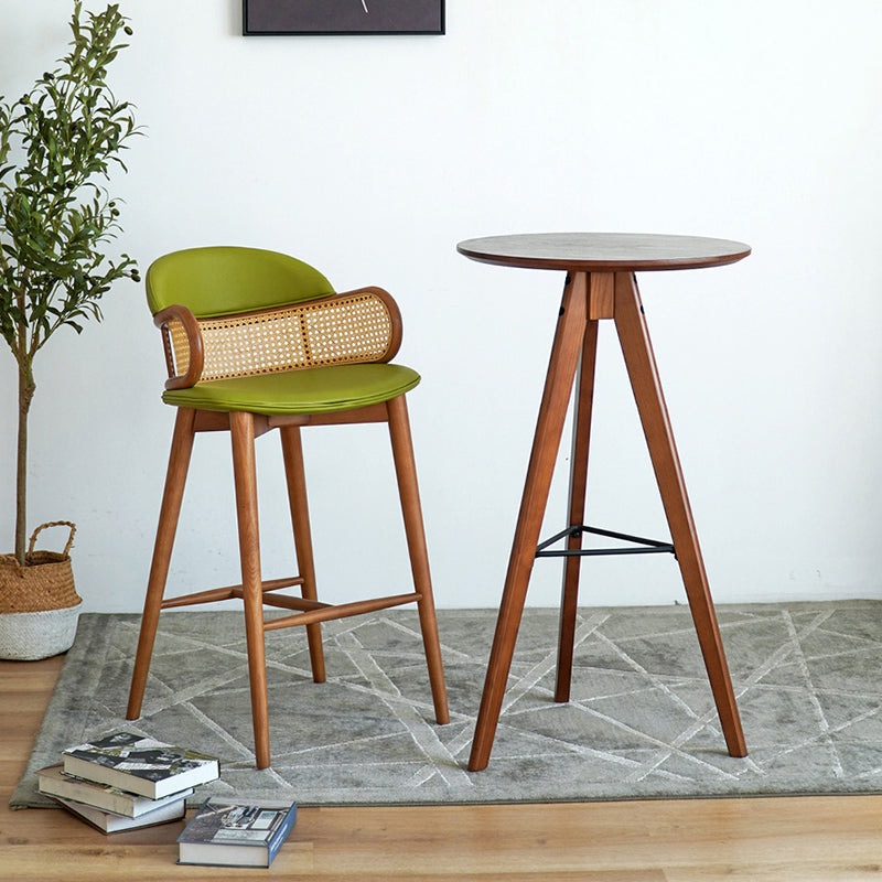 Scandinavian Curved Leather Ash Rattan Half-Round Bar Stool