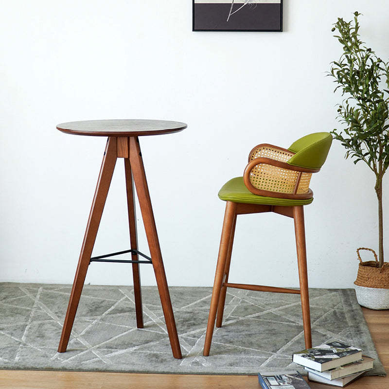 Scandinavian Curved Leather Ash Rattan Half-Round Bar Stool