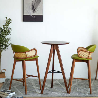 Scandinavian Curved Leather Ash Rattan Half-Round Bar Stool — Green