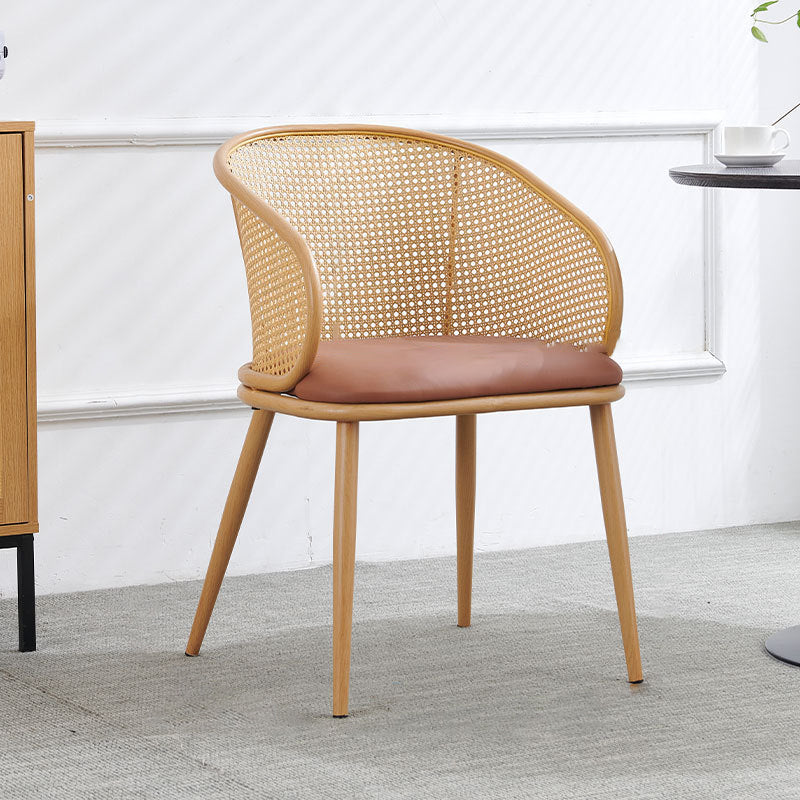 Minimalist Half-Bag U-Curved Leather Dining Chair — Wood Color / Gray