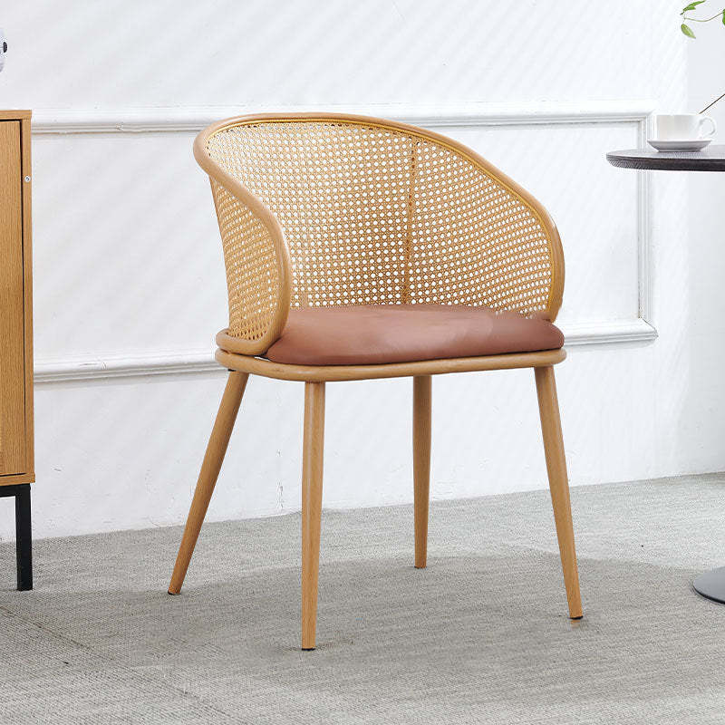 Minimalist Half-Bag U-Curved Leather Dining Chair — Wood Color / Gray