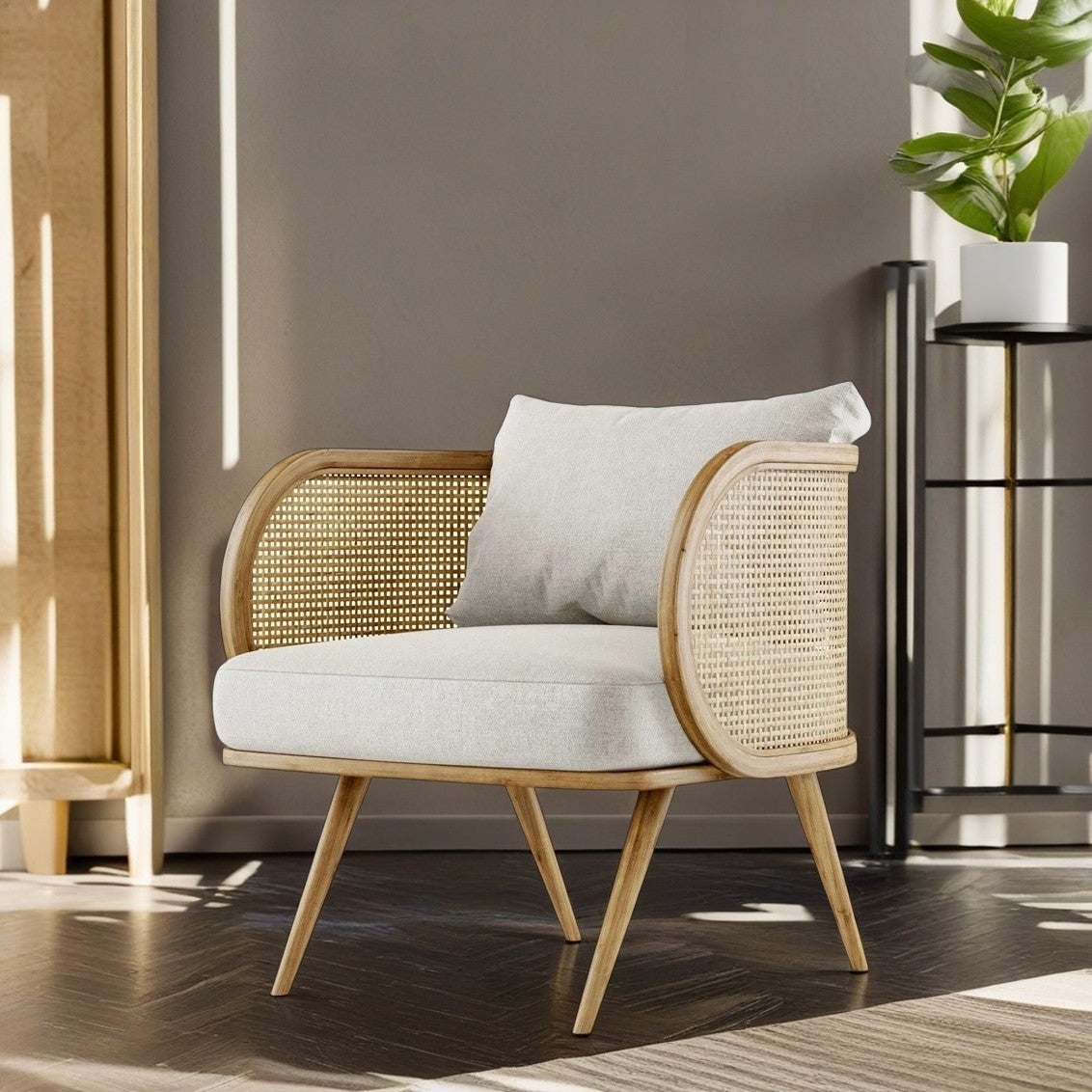 Scandinavian Fabric Rattan Wood Accent Chair