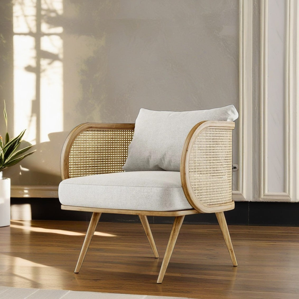 Scandinavian Fabric Rattan Wood Accent Chair — Wood Color