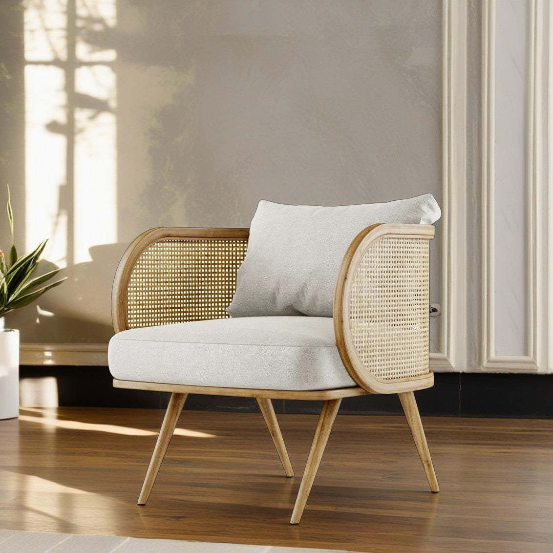 Scandinavian Fabric Rattan Wood Accent Chair — Wood Color