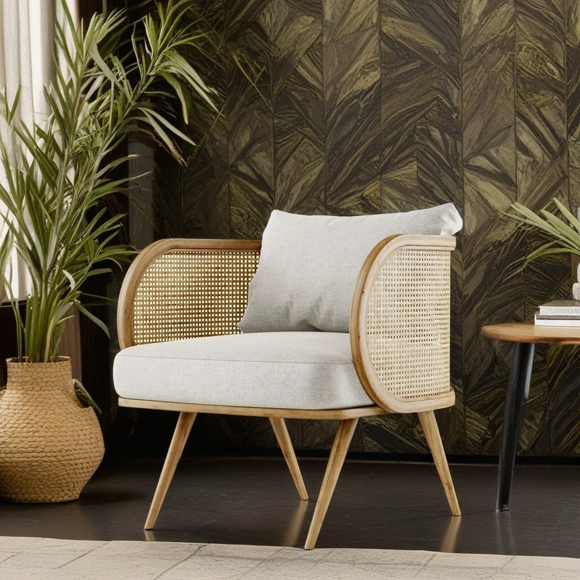 Rattan fabric wood accent chairs in wood