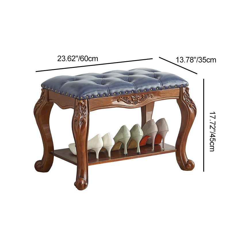 Vintage Carved Leather Solid Wood Shoe Bench Low Stool — Black + White Seating Material