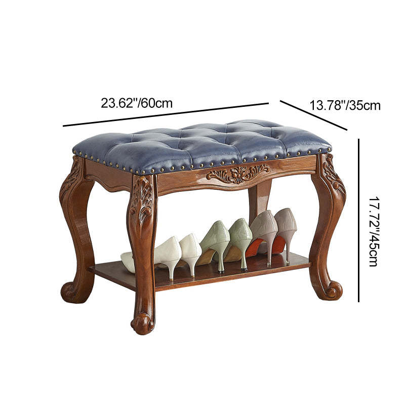 Vintage Carved Leather Solid Wood Shoe Bench Low Stool — Black + White Seating Material