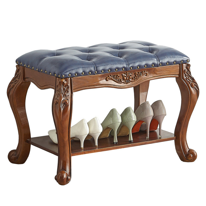 Vintage Carved Leather Solid Wood Shoe Bench Low Stool