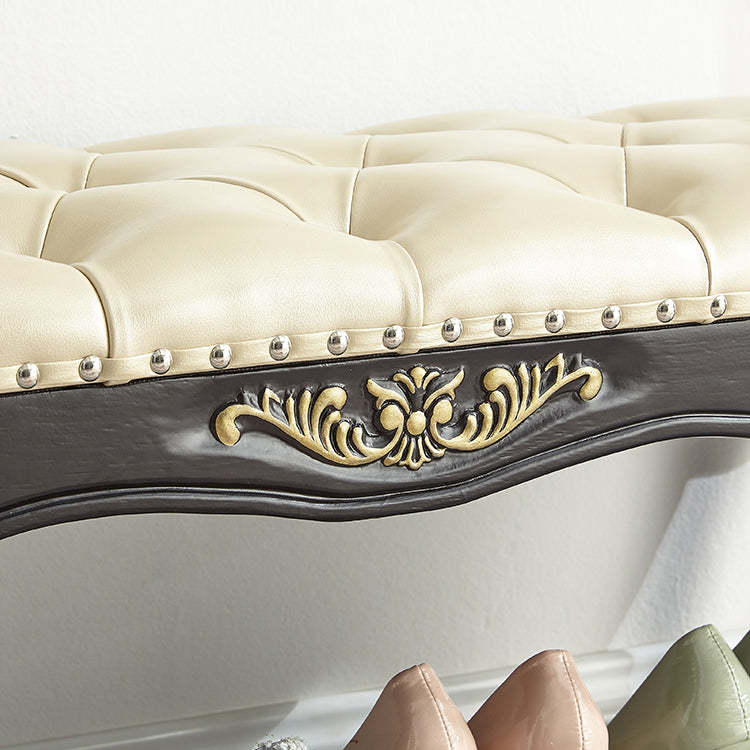 Vintage Carved Leather Solid Wood Shoe Bench Low Stool