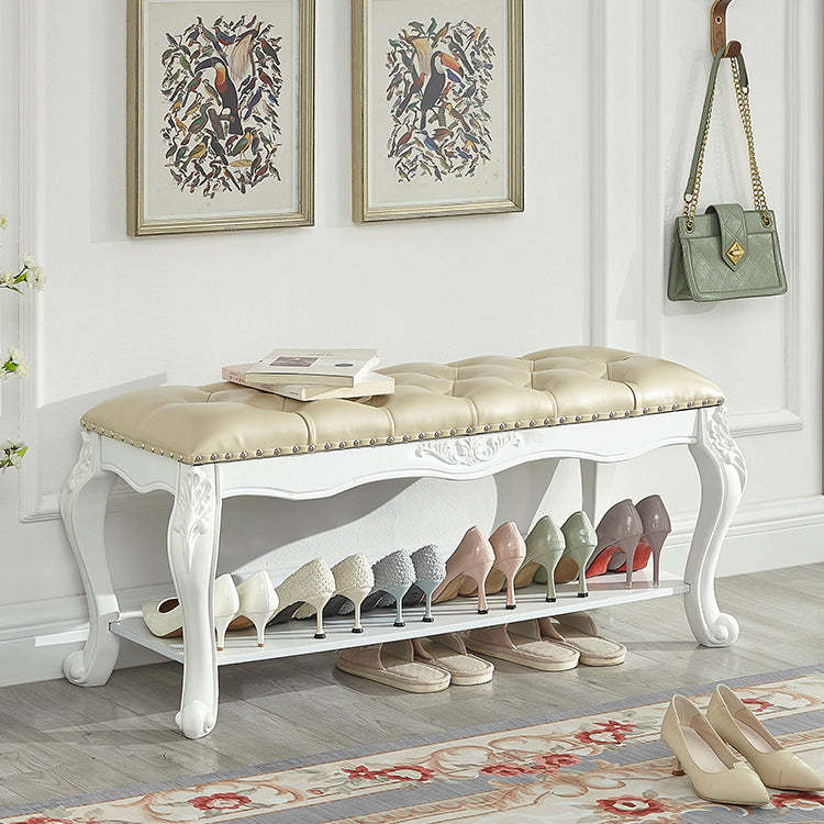 Vintage Carved Leather Solid Wood Shoe Bench Low Stool