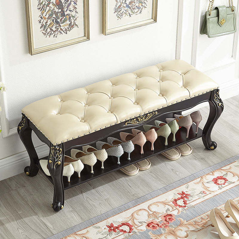 Vintage Carved Leather Solid Wood Shoe Bench Low Stool