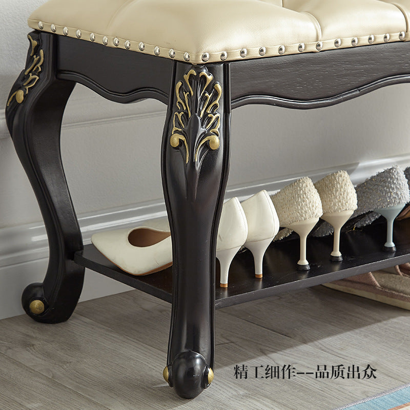 Vintage Carved Leather Solid Wood Shoe Bench Low Stool