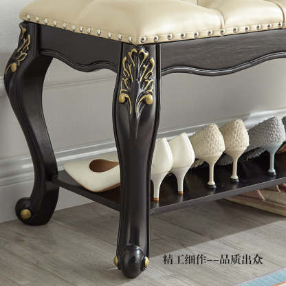 Vintage Carved Leather Solid Wood Shoe Bench Low Stool