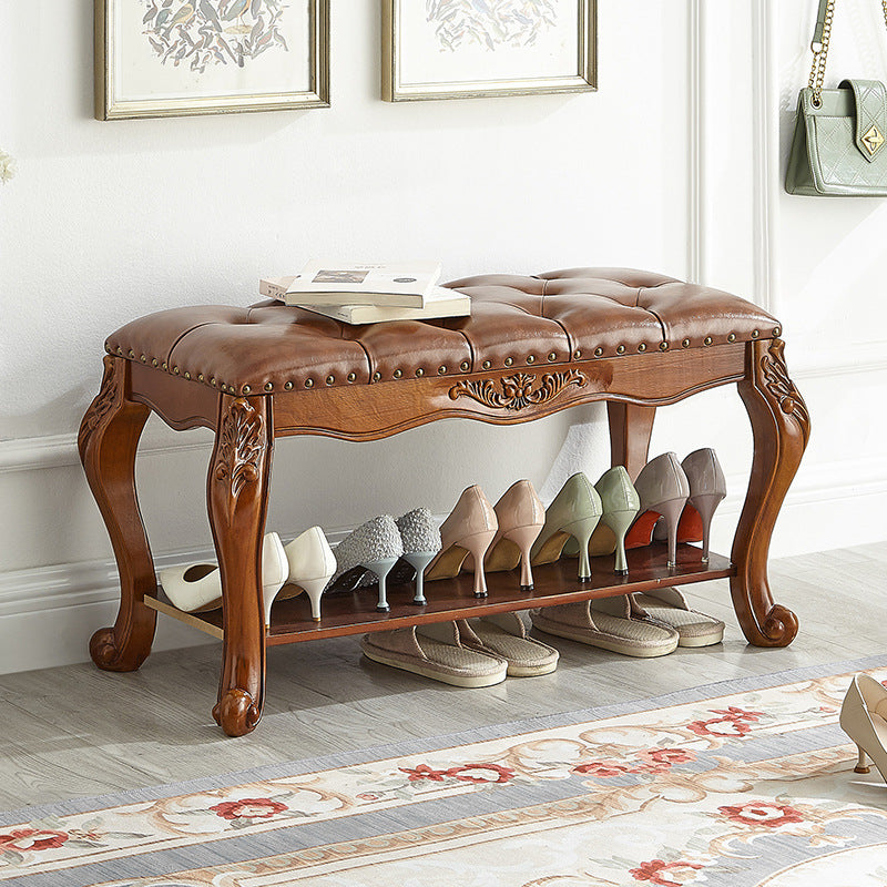 Vintage Carved Leather Solid Wood Shoe Bench Low Stool — Brown + Brown Seating Material