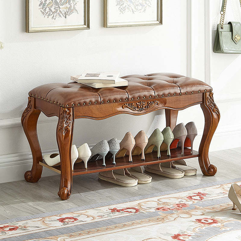 Vintage Carved Leather Solid Wood Shoe Bench Low Stool — Brown + Brown Seating Material